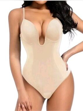 Decorus Shapewear, Tummy Control, Deep V, Built-In Bra-Thong Tan BodySuit XL